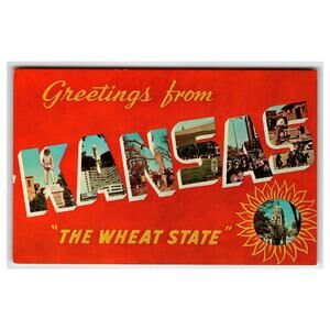 Vintage Greetings from Kansas Large Letter Chrome Postcard The Wheat State